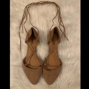 Tan Faux Suede Pointed Flat Lace Up Flats- 6